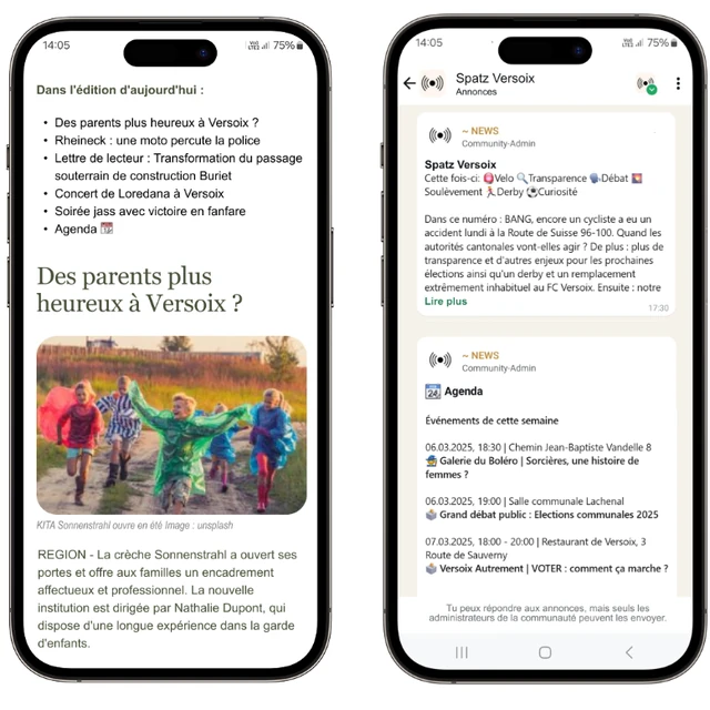Application Spatz sur deux téléphones : édition locale et fil d'annonces de Versoix
